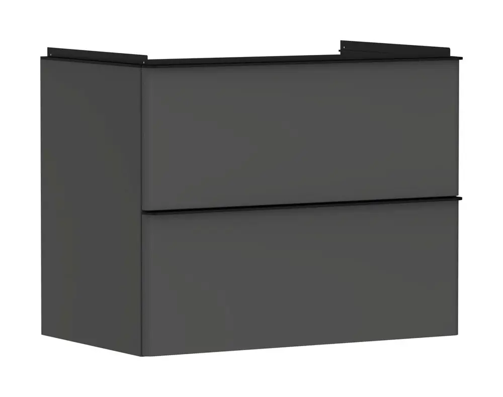 Waschtischunterschrank in Diamantgrau, ausgestattet mit zwei Schubkästen. Design von Hansgrohe, geeignet für Waschtische. Klar strukturierte Form.